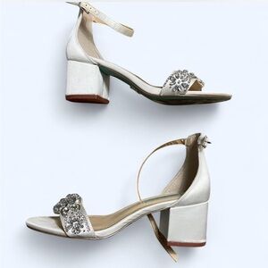 Betsey Johnson Ivory Satin Block Heel Sandals with Crystal Accents